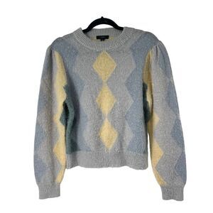 J. Crew Pastel Argyle Mohair Blend Crew Neck Puff‎ Sleeve Sweater Sz M Women’s